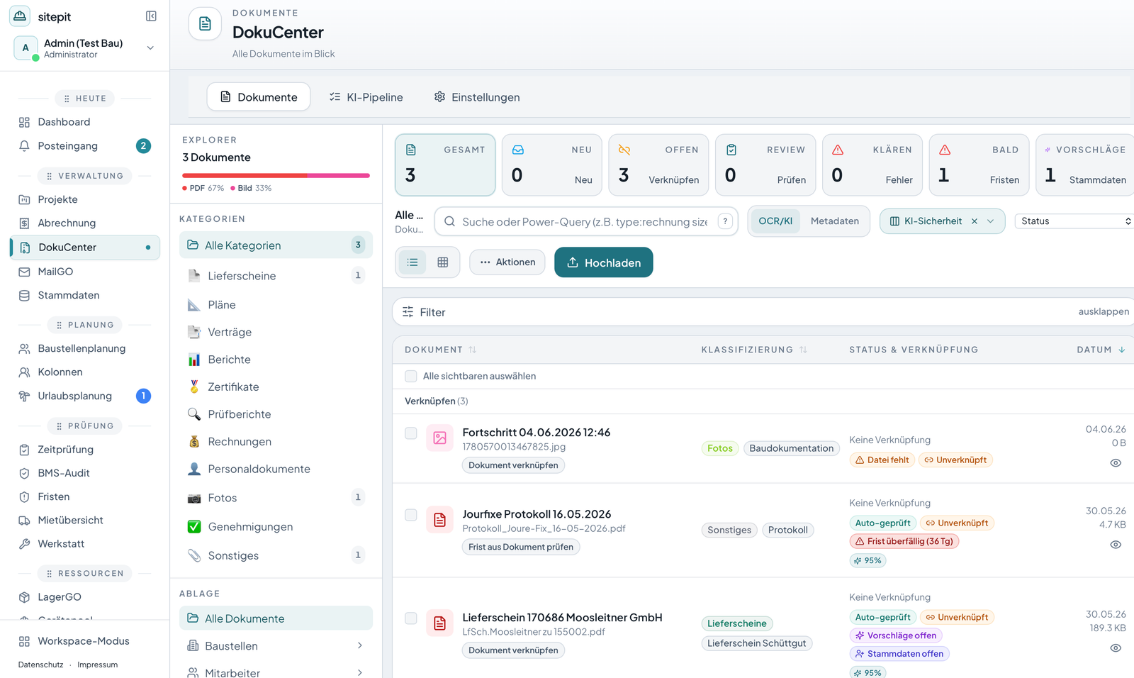 DokuCenter in sitepit mit projektbezogenen Dokumenten, Prüfstatus und Vorschau